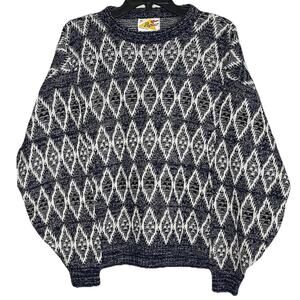 Vintage Poplar Knit Sweater Navy White Diamond Geometric Pattern Men XL 1980-90s